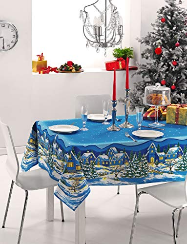 Exclusivo mantel de Navidad rectangular 140 x 180 cm de 100% algodón con impresión Eco-Friendly diseño de paisaje navideño azul