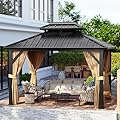 10 X10 ft Hardtop Gazebo, Galvanized Steel Double Roof with Curtains and Netting, Aluminum Frame Patio Gazebo for Patio, Garden and Lawn