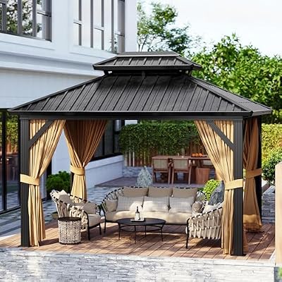 10 X10 ft Hardtop Gazebo, Galvanized Steel Double Roof with Curtains and Netting, Aluminum Frame Patio Gazebo for Patio, Garden and Lawn