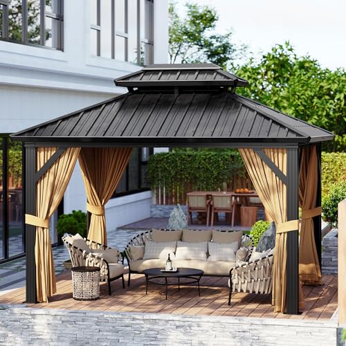 10 X10 ft Hardtop Gazebo Galvanized Steel Double Roof with Curtains and Netting Aluminum Frame Patio Gazebo for Patio Garden and Lawn