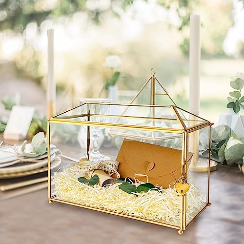 12.6 Inches Gold Wedding Glass Card Box Large Wedding Card Box With Lock And Slot For Reception Handmade Clear Decorative Boxes For Graduation, Gift Cards, Party, Ceremony, Geometric Terrarium #TOP2