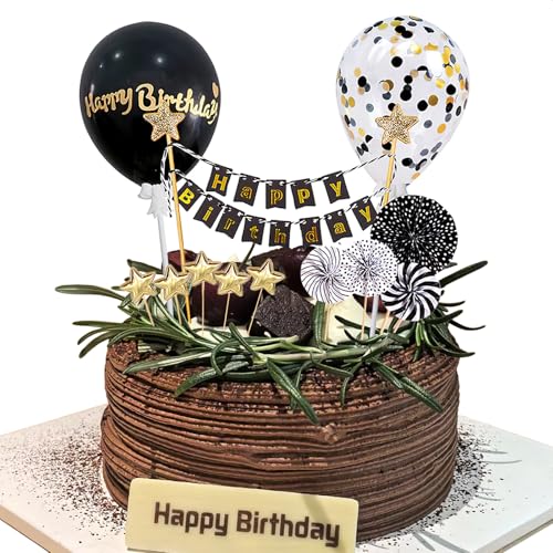 12 Stück Tortendeko Schwarz Gold, Happy Birthday Cake Topper, Kuchendeko Geburtstag Personalisiert, Happy Birthday Tortendeko Geburstagstorte set für Torten Deko Mädchen und Junge