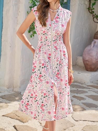 Image of Wenrine Womens Summer Smocked Midi Dress Casual Zipper V Neck Cap Sleeve High Slit Flowy Long Dresses