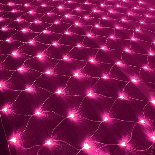 DINOWIN Guirlande Lumineuse Filet LED 1.5x1.5M 96LED Filet Lumineux Alimenté par Pile 8 Modes Imperméable rideau lumineux pour Noël Halloween Buissons Jardins Fete (Rose)