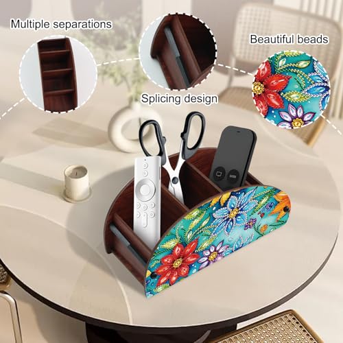 Image of DIY Diamond Painting Storage Box Floral Design Multi-Compartment Wooden Organizer for TV AC Remotes, Makeup Brushes, Pens, Desktop Tabletop Craft Storage