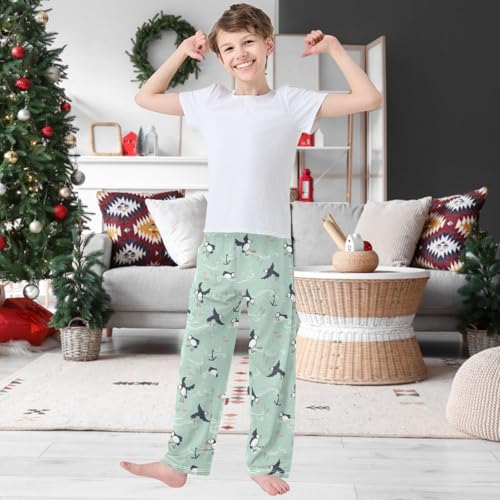 Boy's Pj Pants Lovely Doodle Birds Puffin Green Lounge Bottoms Elastic Waist Kids Joggers with Pockets Size 6-142