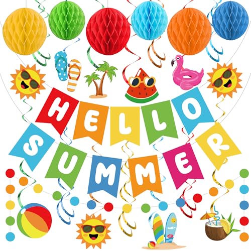 Summer Party Decoration Hello Summer Banner Colorful Beach Pool Theme Banners Pre-strung Pool Banner Hanging Swirls Honeycomb Balls Circle Dots Garland for Holiday Beach Party Decorations Supplies