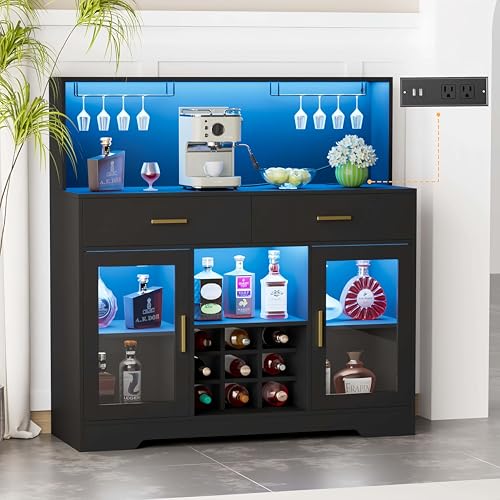 SAHISTCT Wine Bar Cabinet with LED Light, Coffee Bar Cabinets with Power Outlet, Home Liquor...