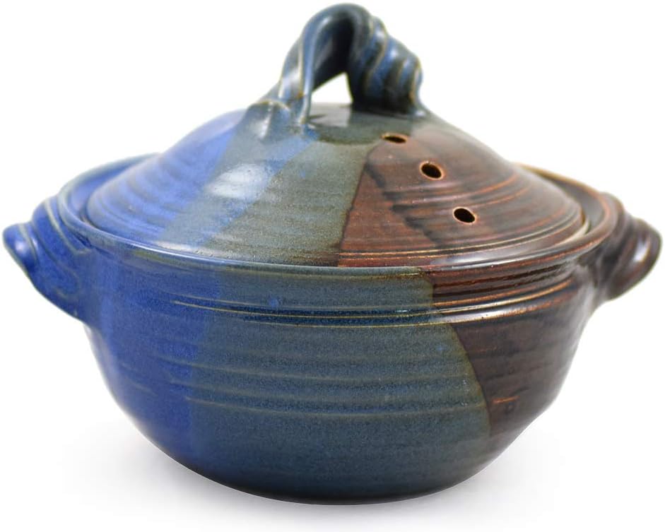 American Made Stoneware Pottery Microwave Vegetable Steamer, Lakeside Blue