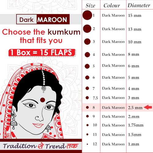 Image of PERPAA Premium Velvet Sticker Kumkum Bindi Box of 15 Flaps - Pottu for Women,Ladies, Girls (Size 8, Diameter 2.5mm, Dark Maroon)