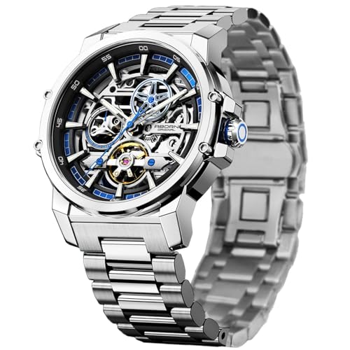 Image of FORSINING Men's Luxury Automatic Skeleton Mechanical Watch, Industrial Style Self-Winding Hollow Watches with Tourbillon & Luminous Function, Stainless Steel Strap Mens Wristwatch