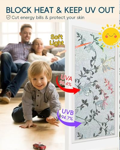 Image of Frosted Glass Window Film with Elegant Flower Design, Bathroom Window Privacy Film for Glass Windows Cover, Static Cling, Removable, Reusable, Anti-UV, Anti-Glare, 17.5 Inch * 78.74 Inch