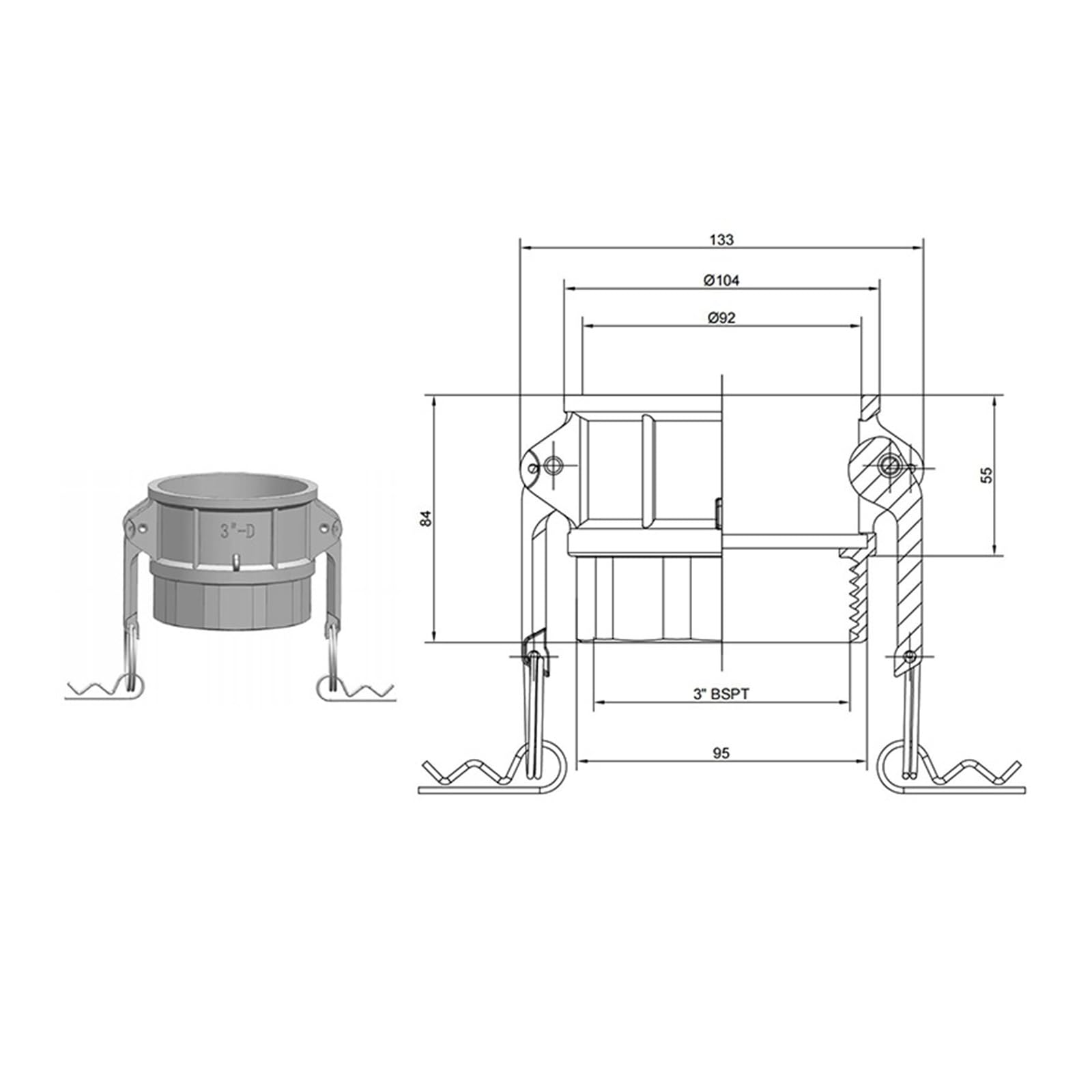 Acoplamiento de rosca macho Camlock tipo D DN80 de 3 pulgadas for tuberías industriales hidráulicas.