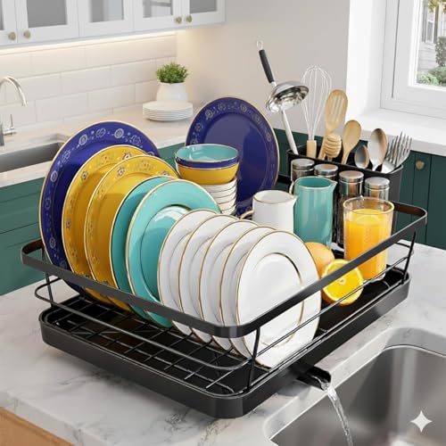 Image of ZROY Modern Black Dish Drying Rack with Draining Spout | Heavy-Duty Kitchen Countertop Dish Drainer with Utensil Holder (Black Rack)
