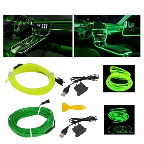 2 Stück 5m/16.4FT Innenraumbeleuchtung,Auto Led Innenbeleuchtung,USB EL Wire, Atmosphäre Licht, Streifen, Tape,Ambientebeleuchtung, Lampen,Neonröhre Lichte (GrüN + GrüN Fluoreszierend(2 * 5m))