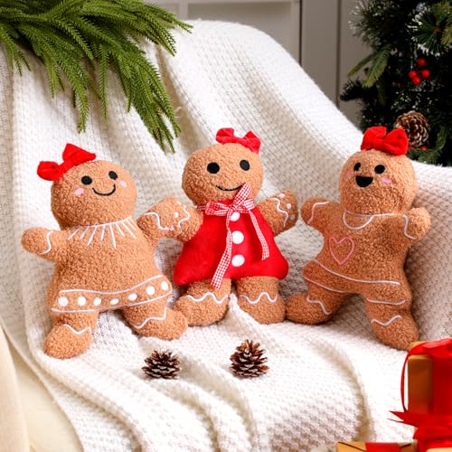 Image of Konohan 3 Pcs Christmas Gingerbread Pillows House Man Throw Pillows Stuffed Gingerbread Shaped Pillow for Christmas Party Outdoor Cushion Decorations(Dark Yellow, Red,Cute Style)