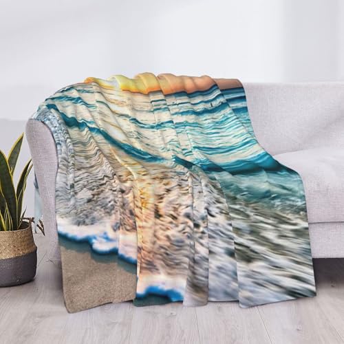 Couverture de lit microfibre imprimé plage soleil couchant tailles assorties
