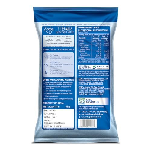 Image of Zeeba Tibar Basmati Rice 5 Kg, Perfect for Daily Home Cooking (Cooked length upto 18mm*)