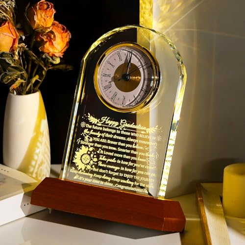 Image of Ornalrist Graduation Glass Clock Gifts for Him Her Graduation Keepsake with Wooden Light Base Class of 2026 Inspirational Graduate Gift for College High School Masters PHD Graduation Presents