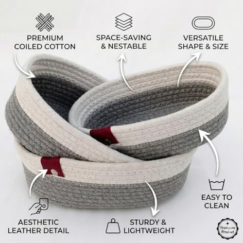 Image of AuraNest Set of 3-L-9x5.5 inch, M-8.5x5 inch, S-8x4.5 inch, Oval, Grey] Handwoven Jute Cotton Basket | Eco-Friendly Shelf Baskets for Storage, Organization & Gift Hampers Pack Off 3 Pcs (Grey&White)