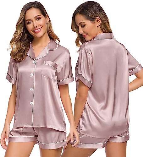 Image of SWOMOG Women Silk Satin Pajamas Set Short Sleeve Button Down Sleepwear Loungewear Pj Sets