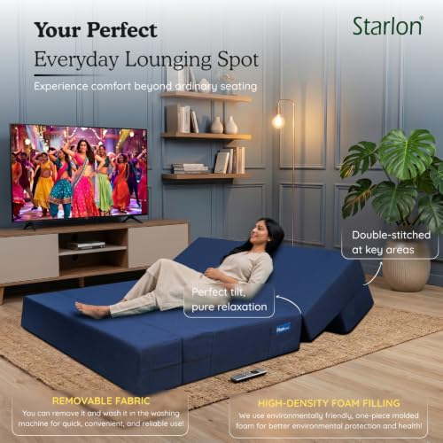 Image of Starlon 2 Seater Foldable Sofa Cum Bed 3-in-1 with 2 Waves Pattern Pillows, Washable Jute Fabric Cover, Space Saving Guest Bed, Pre-Assembled Royal Navy Blue 4x6 Ft