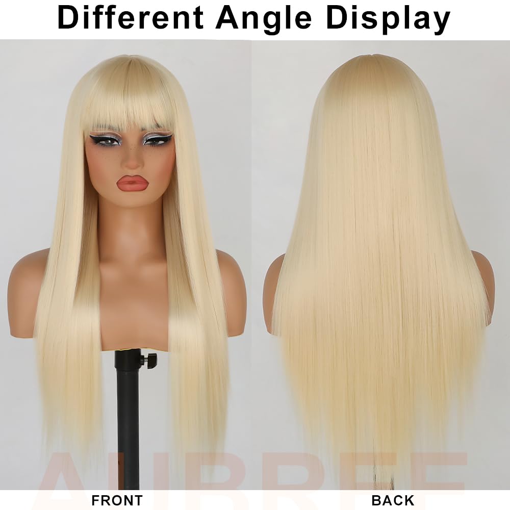 Aubree Blonde Hair Synthetic Wigs With Bangs Long Straight Hair Natural Looking 613 Color Wigs Heat Resistant Fiber Hair Glueless Synthetic None Lace Wigs for Black Women