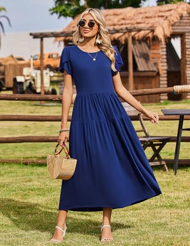 Image of Zeagoo Summer Dresses for Women 2026 Maxi Bohemian Floral Short Sleeve Long Dress Casual Flowy Tired Beach Sundress