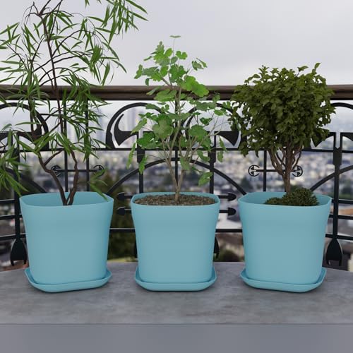 Image of StyleX Store Pack of 3 Square Plastic Flower Pot with Tray | Modern Indoor Outdoor Planter for Home Balcony Garden Office | Durable Lightweight Planter Pot | 6 Inch, Blue