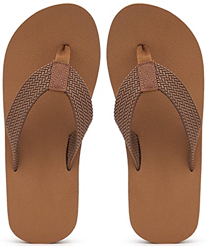 MAIITRIP Mens Flip Flops Size 8.5,Summer Beach Soft Comfortable Shoes,Non-Slip Rubber Shower Thong Sandals with Arch Support,All Brown