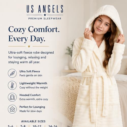 Image of US Angels Plush Robe For Girls- Plush Winter PJ Robe With Pockets, Hoodie & Belt- Ultra-Soft Bathrobe