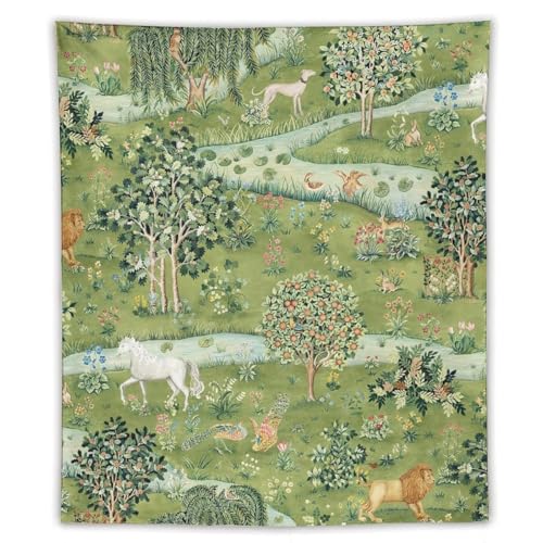 Yearn Jear William Morris Tapestry Wall Hanging,Retro Woodland Jungle Forest Lion Horse Printed Modern Wall Art Decor,Retro Floral Home Decoration for Bedroom Living Room Dorm W50 x 60H Inch