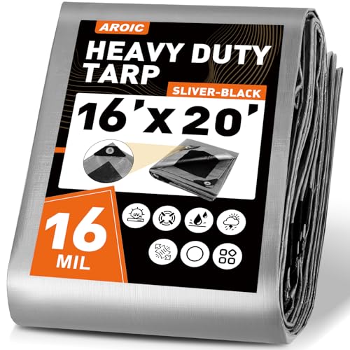 AROIC 16x20 FT Waterproof Tarp 16 Mil Thick Heavy Duty Cover with Reinforced Edges & Rustproof Grommets - UV Resistant Tearproof Tarpaulin for Camping Tent Pool Cover Emergency Rain Shelter