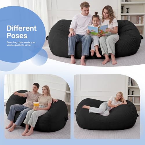 Image of 6FT Bean Bag Chair 6'Giant Bean Bag Chairs with Adults, Large Beanbag Chair | Bean bag Lounger with Machine Washable Cover Corduroy Fabric, Comfy Chairs for Living Room Bedroom Dorm, Black