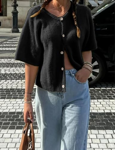 Women's Lightweight Cardigan Sweater Short Sleeve Button Down Crop Sweater Knit Casual Sweater Top2