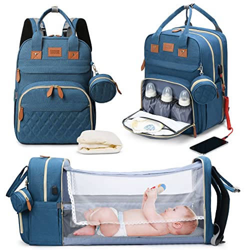 OBDOWUGE Baby Diaper Bag Backpack with Changing Station, Versatile Waterproof Baby Bag - Foldable Crib with Baby Pad, Mosquito Net, Shade Curtain, 18 Different Types of Pockets for Baby Outdoor, Blue