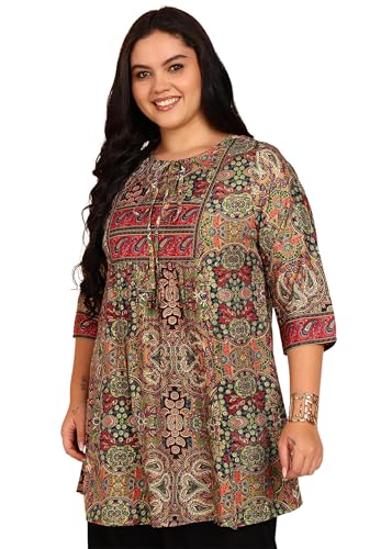 Image of Yash Gallery Women's Polyester Relaxed Fit Short Floral Placet 3 /4 Sleeve and Keyhole Neck Printed Kurti
