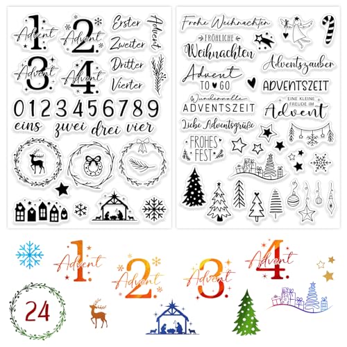 BOOMTOP 2 Bögen Silikon Stempel Advent Zahlen Klare Stempel Adventskalender Adventszauber Stempelset Weihnachten Advent Clear Stamps Deutsch Sprüche für Kartenherstellung DIY Geschenk Scrapbooking
