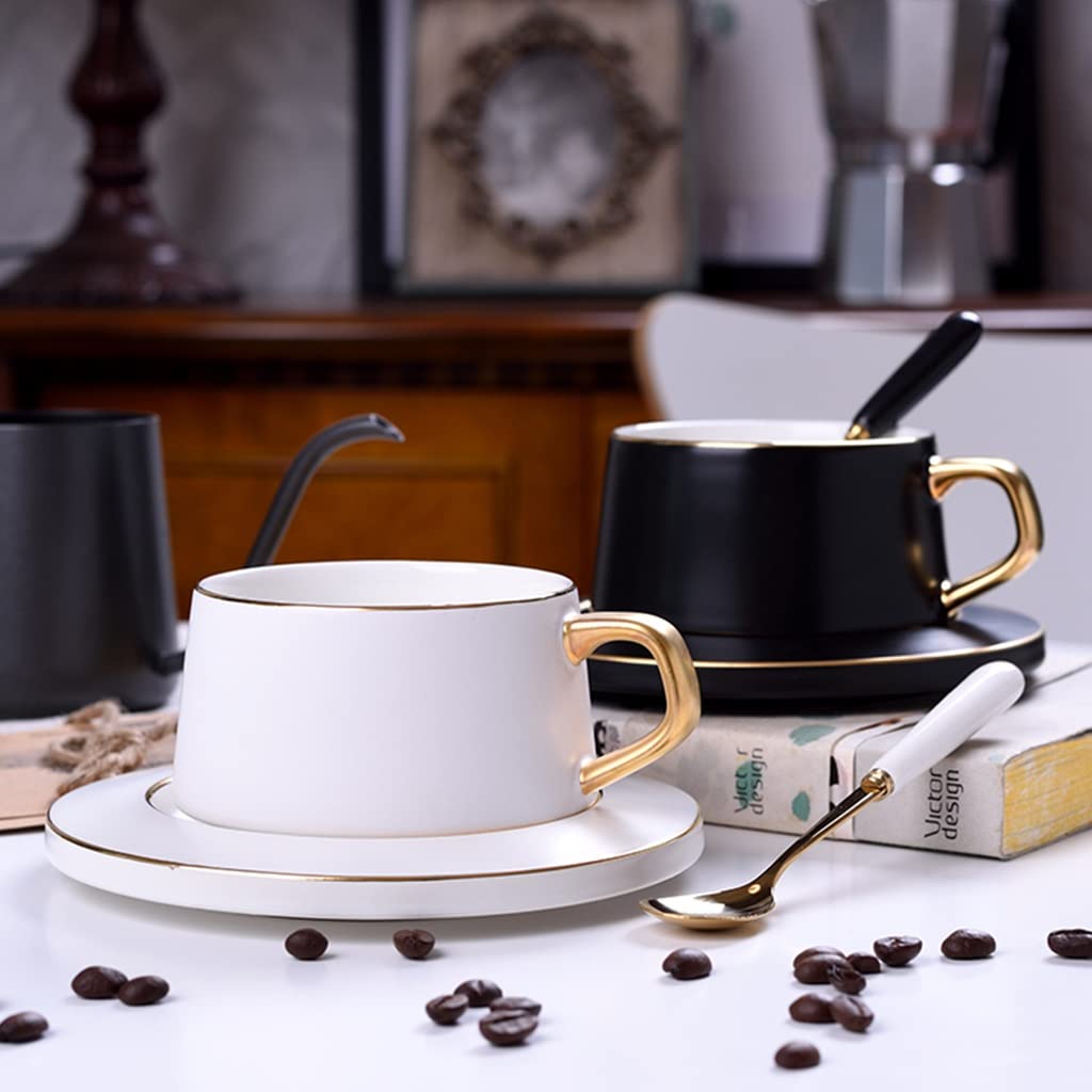 Ceramiczny kubek do kawy, Kubek z zaparzaczem, zestawy białych filiżanek i spodków do herbaty, filiżanki do kawy ceramiczne, ze złotym wykończeniem, odpowiednie na podwieczorek, wesele, imprezę, filiż