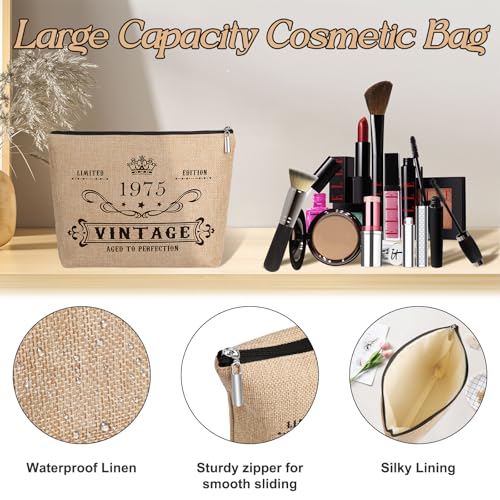 Image of YeohJoy 50th Birthday Gifts for Women Jute Tote Bag, Vintage 1975 Burlap Bag with Cosmetic Bag and Back in 1975 Poster, Unique 50 Years Old Gifts for Mom Friends Wife Sister Her