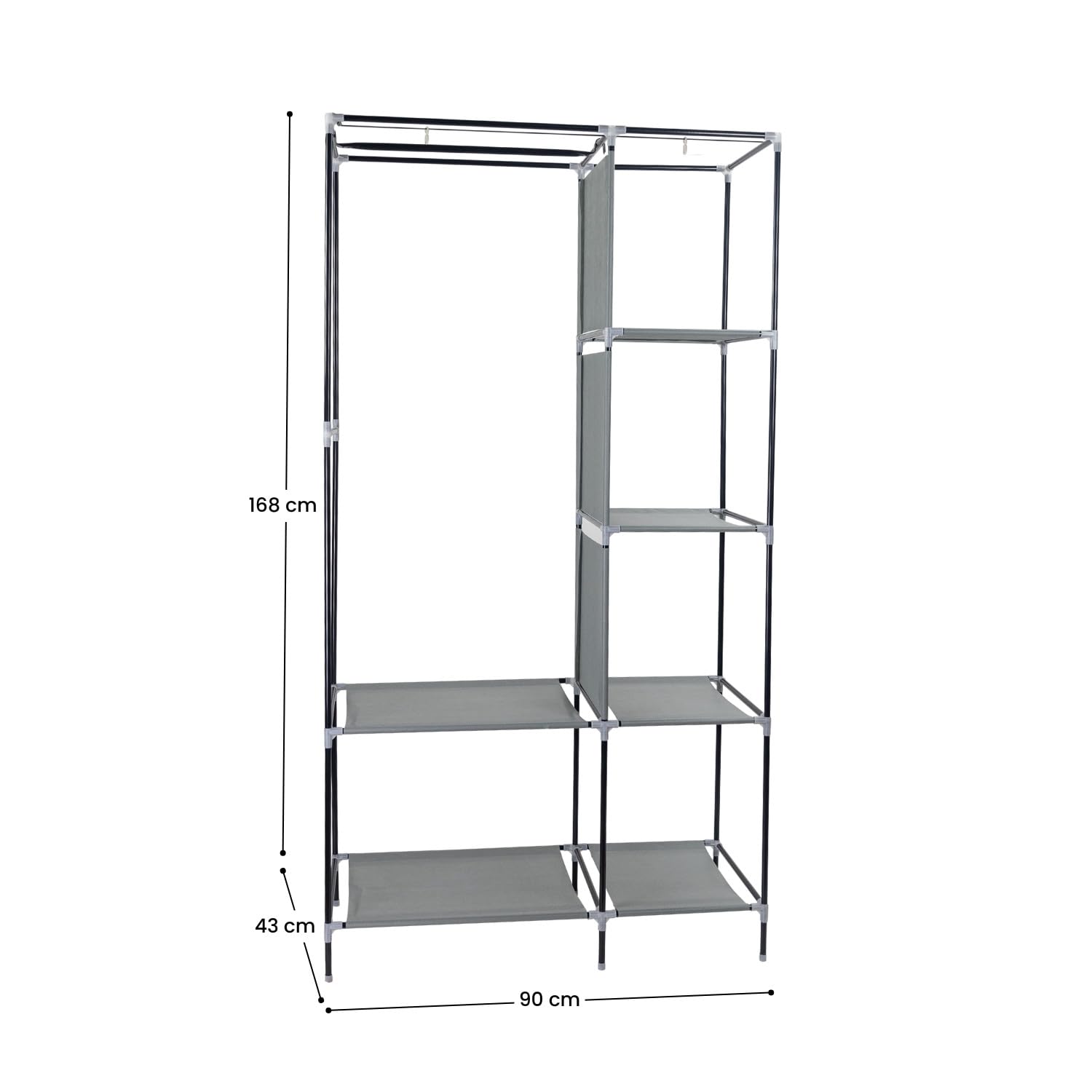 THINIA HOME - Armario Ropero de Tela con Cortinas Gris y Blanco | Armario Ropero Grande y Resistente 90x43x168 cm y 20 Kg Carga | Armario de Tela Desmontable para Dormitorio, Vestidor o Trastero