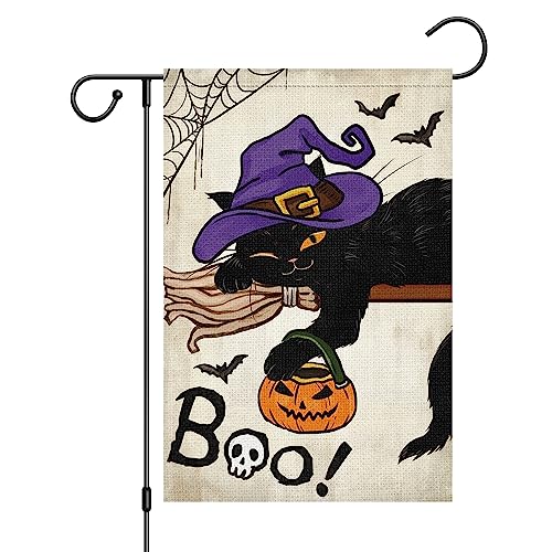 Louise Maelys Halloween Black Cat Garden Flag 12×18 Double Sided Burlap Small Spooky Welcome Halloween Witch Hat Yard House Flags Seasonal Holiday Outdoor Outside Decor ONLY FLAG