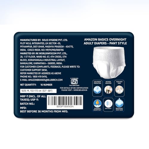 Image of Amazon Basics Overnight Adult Diapers Pants Style | Medium Size | 32 Count | (16 x Pack of 2) | Up to 16-Hour* Protection | Double-Layer Absorbent Core | Aloe Vera Inner Layer