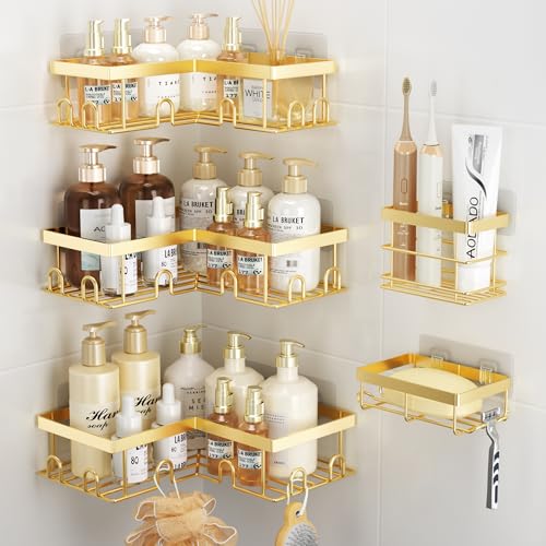 Liuoud Corner Shower Caddy 5 Pack Adhesive Stainless Steel Organizer Gold