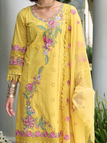 Image of INDO ERA Women's Straight Pure Cotton Floral Embroidered Kurta & Pant with Dupatta Set (IEOUT11423)