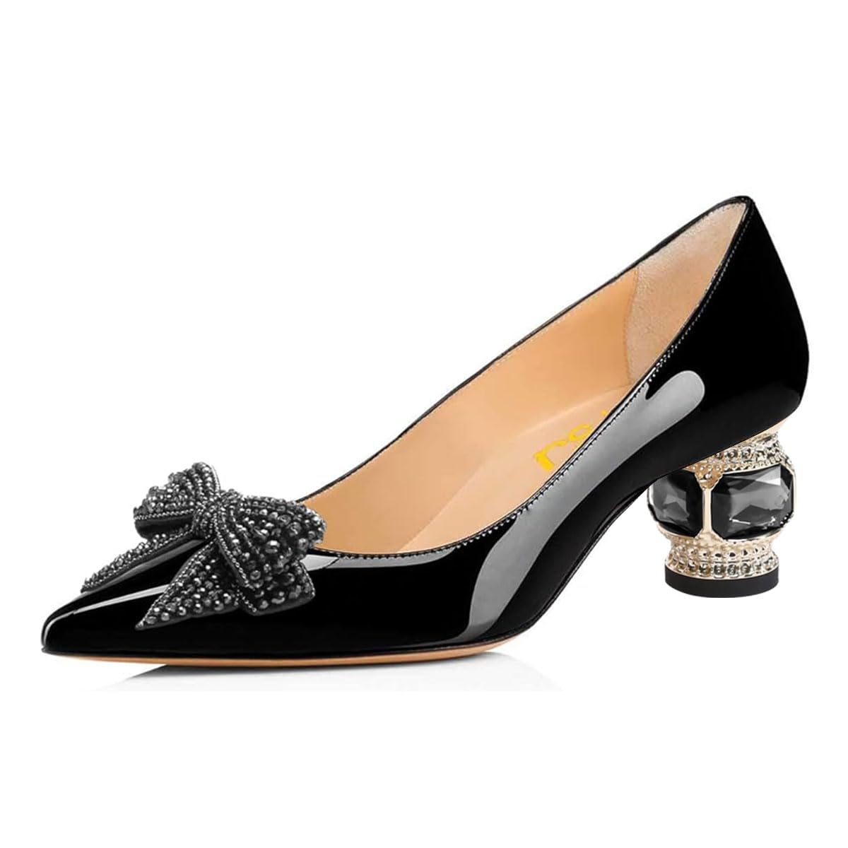 FSJ Women Pointed Toe Crystal Pump Rhinestone Bow Block Low Heel Slip On Comfy Date Shoes Size 4-16 US