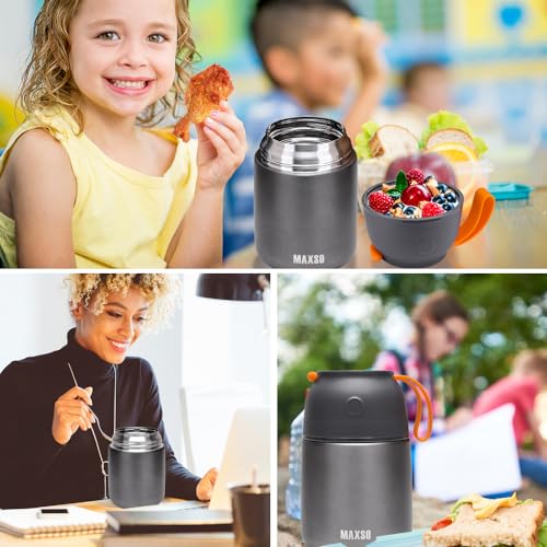Image of Insulated Thermo Food Jar for Hot & Cold Food for Kids Adult, 17 oz Soup Thermal Hot Food Containers for Lunch, Triple Layer Insulation Stainless Steel Food Jar with Spoon (Grey)