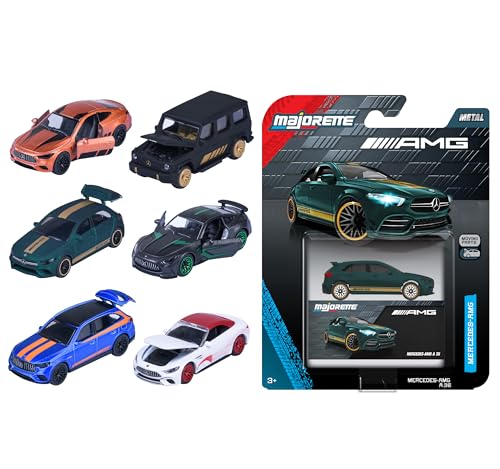Majorette Mercedes AMG Deluxe Cars, 6 modelos (GT Coupé, EQS, CLA, G63, GLE...), envio aleatório, metal 1:64 (7,5 cm), caixa colecionista decorativa, desde 3 anos (8502101000)