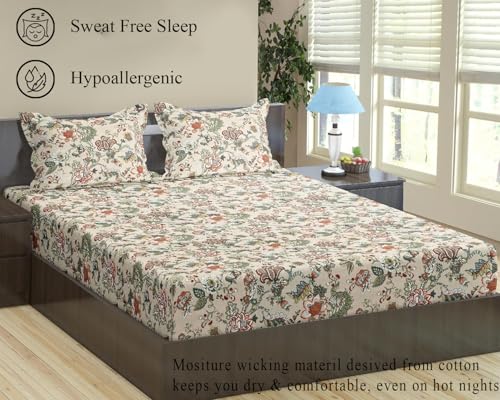 Image of Trance Home Linen 144TC 100% Cotton 72 inchx36 inch Single Bed Size Elastic Fitted Bedsheet | Printed Single Size Bed Elasticated Fitted Bedspread with 1 Pillow Cover (72x36 inch, Malhaar Beige)