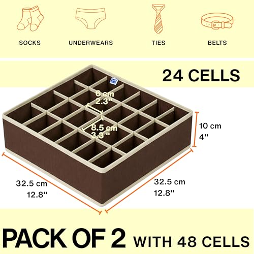 Image of Skrill 24-Compartment - Set of 2 | Non-Woven Foldable Cloth Storage Box Set Underwear, Socks, Ties, Scarves, Bras, Drawer Organization | Space Saving Divider Organizer Closet Storage | Brown